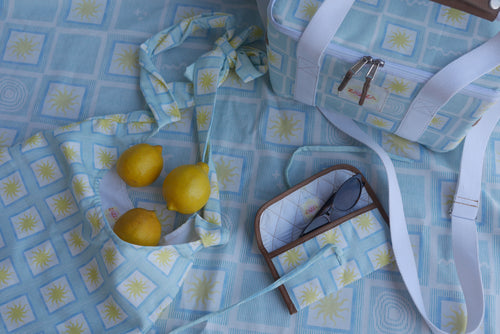 ZAZZA Blue sunglasses case (with sunglasses inside) styled with blue picnic collection & lemons 