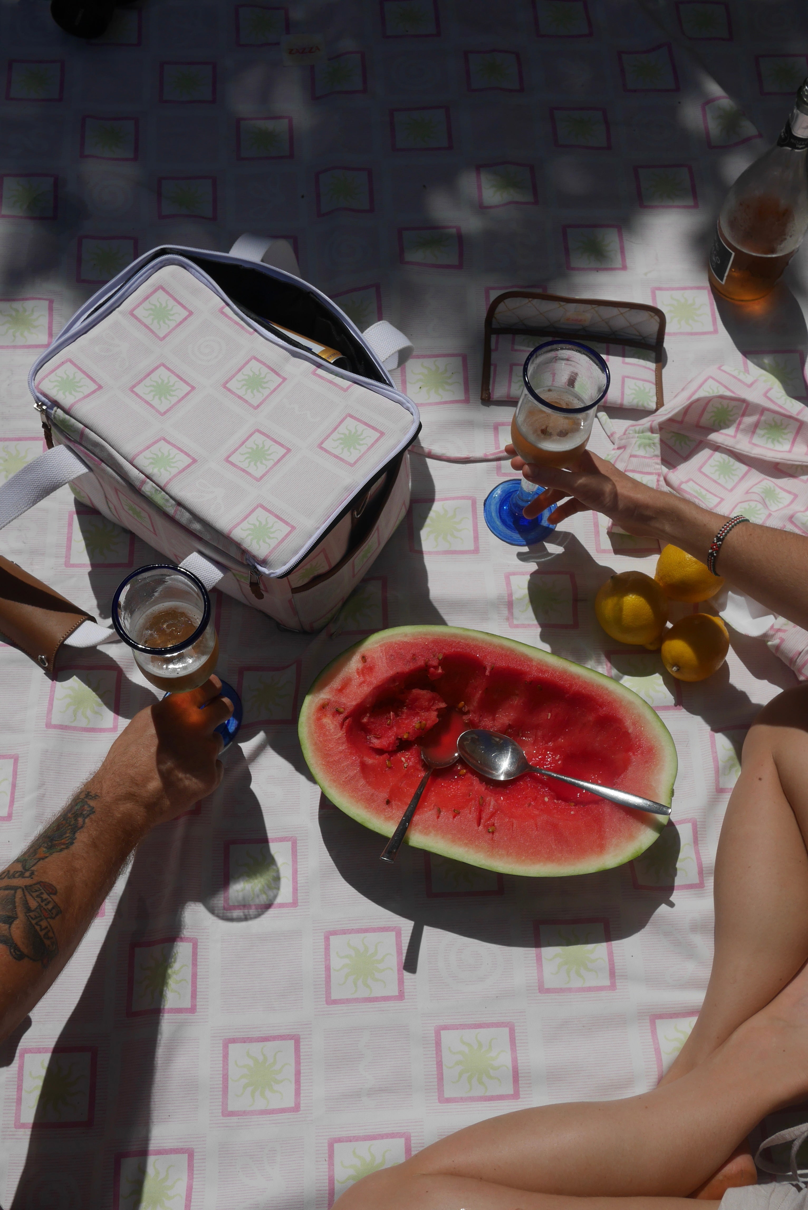 People enjoying a casual outdoor gathering with drinks and a watermelon on with ZAZZA pink picnic collection 